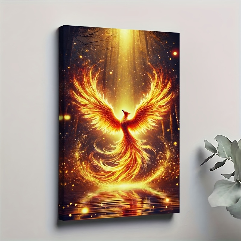TEMU 2d Flat, 1pc Golden Phoenix Oil Painting Poster - Elegant Golden Phoenix Wall Suitable For Living Room, Dining Room, Office Decor, Solid Wood
