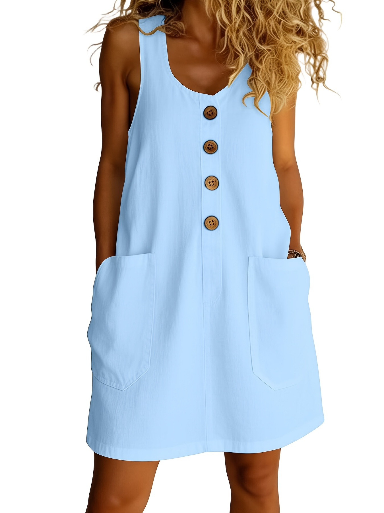 Casual Sleeveless Dress for Women in Solid Colors, Featuring * Neck,  Pockets, And Decorative Buttons * in Beige, Black, Gray, Hot Pink, Light  Blue, Navy, Red, And White in Sizes L, XXL, M, S, And XL