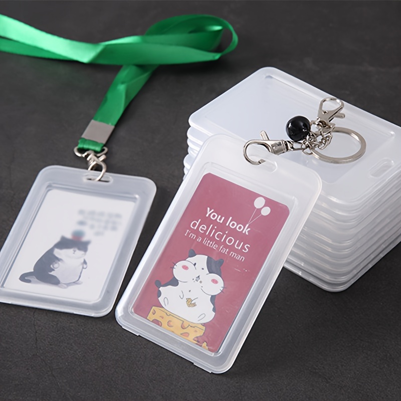 

10pcs Cartoon Transparent Pp Badge Holders With Lanyards And Keychain Clips, Simple Candy Card Protective Covers