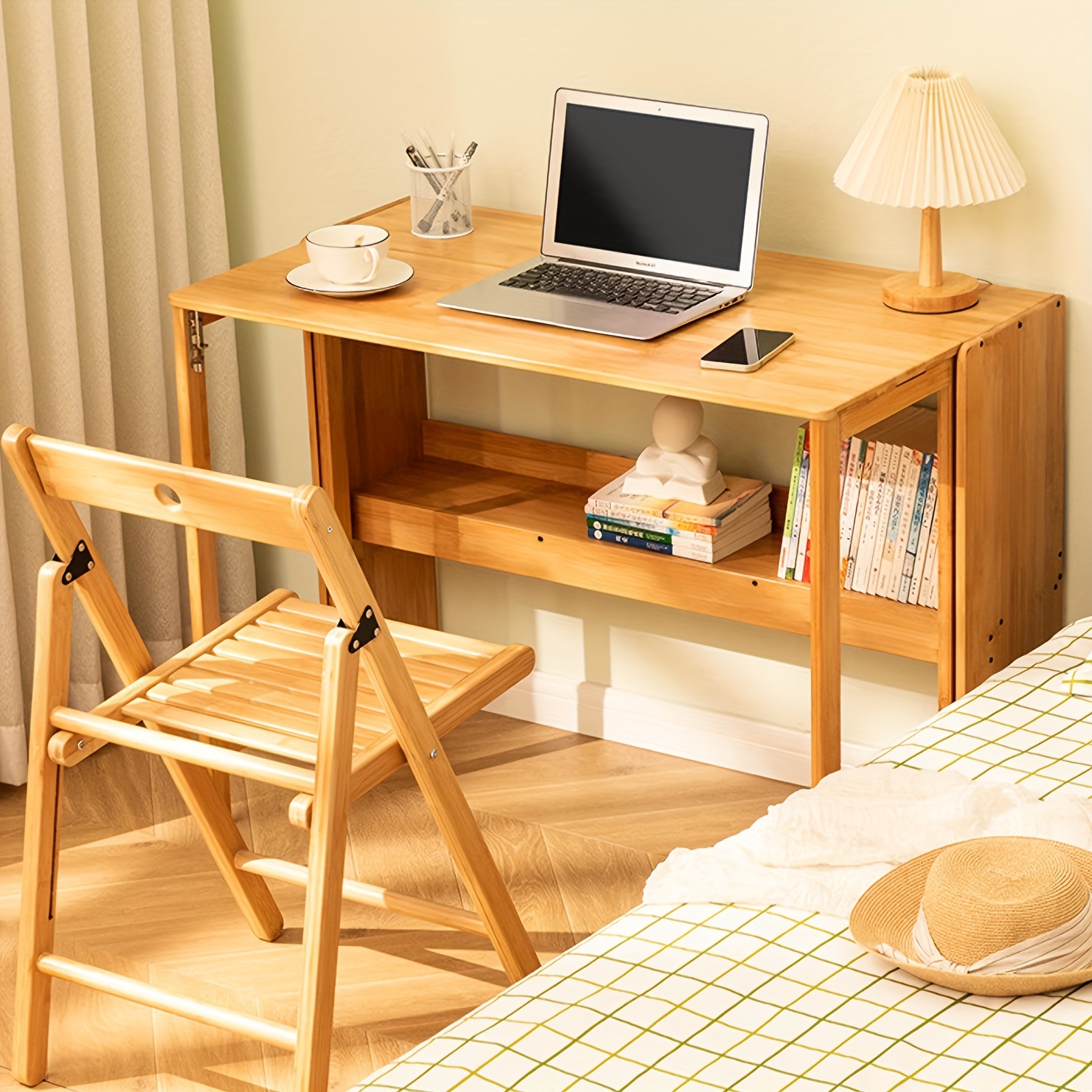 Folding Table with Bookshelf, Desktop Space Saving, Small Foldable Student  Writing Desk for Home Bedroom Study Office Bamboo Wood Workstation, Wood Co