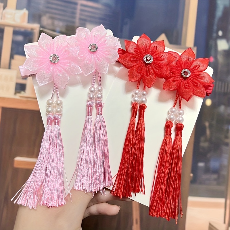 Exquisite Flowers Tassel Bead Hair Clips Chinese Style Temu