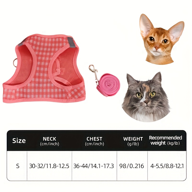 TEMU ペット猫セット、チェック柄通気性生地、耐久性のある金属アクセサリーと反射、手洗い可能、ポリエステル、ほとんどの猫にフィット、ペット用品猫アクセサリー、首輪、リード