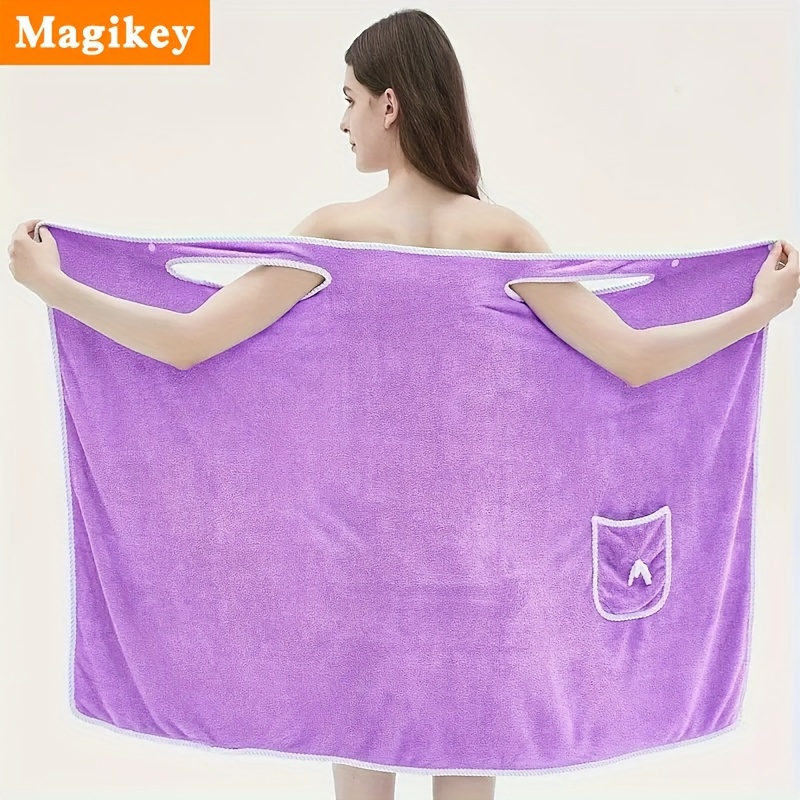 

1pc Magikei Ultra- Velvet Wearable Bath Towel Skirt For Adults - Quick Dry, Loss, Lightweight & Water Absorbent - Purple With Bowknot Design, Pocket Detail, Polyester Blend