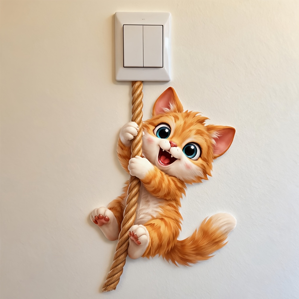 TEMU 1pc 2d Simulation Cute Orange Kitten Light Switch Wall Sticker, Kitten Pattern With Rope, Removable Non-damaging Wall Decor For Bedroom Socket