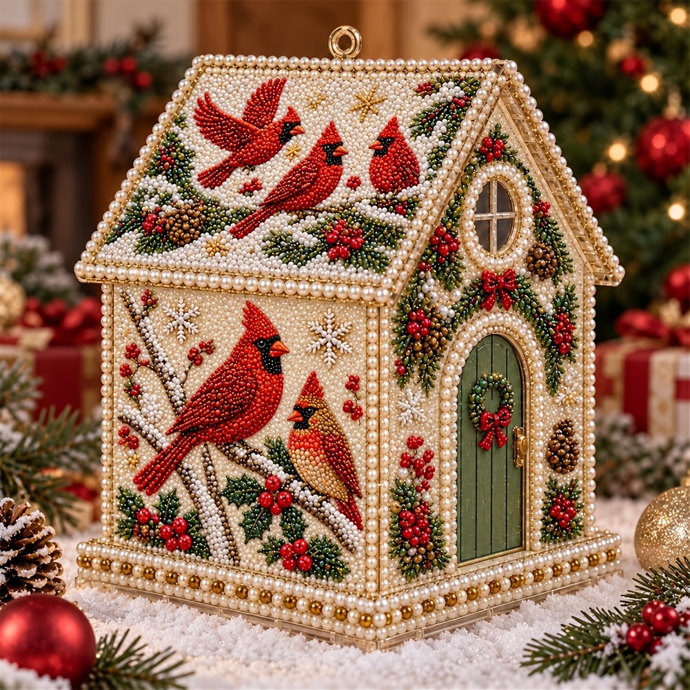 TEMU 3d Pearl And Diamond Painting House Ornament Kit, Adult Pearl Art Gem House Plaque Decorations, Christmas Tree Wall And Window Decor And Holiday
