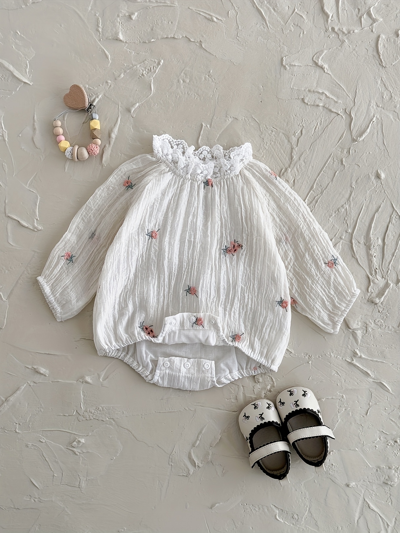 baby girl's floral embroidered lace trim romper elegant Temu