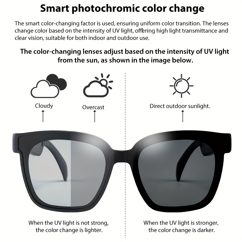 Gafas inteligentes con lentes de oscurecimiento automático, se convierten en gafas de moda bajo la luz solar, micrófono y altavoz integrados, llamadas en alta definición y calidad de audio HiFi, ideales para deportes, manejo, pesca y uso diario en casa, preferidas por hombres y mujeres, perfectas como regalo en días festivos - Imagen 15