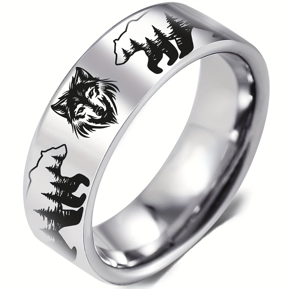 8mm Stainless Steel Bear and Wolf Engraved Wedding Band Ring