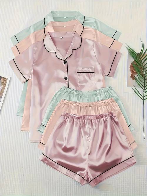 casual fashionable and comfortable 6pcs set in 3 colors solid plain satin and satin trim short sleeve shirt elastic waist shorts pajama set