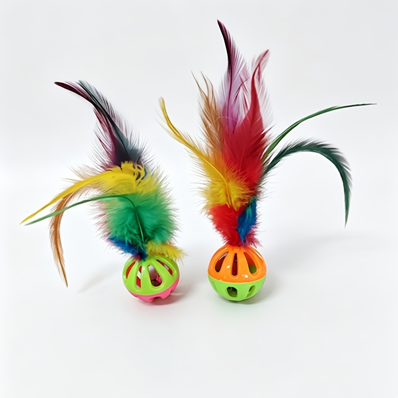 TEMU Lot de 2 balles à plumes et clochettes colorées pour chat | Jouet interactif couineur pour animal de compagnie | Attire à et stimule les de