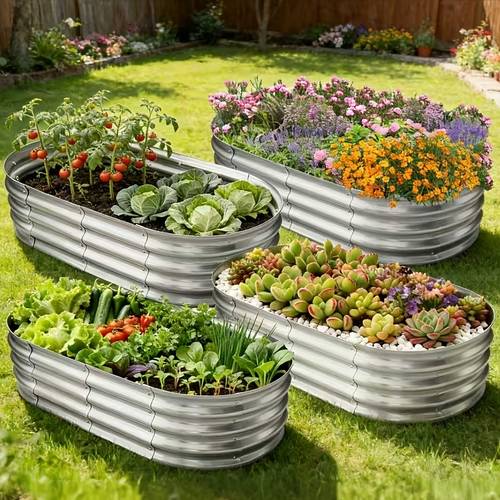 1 2 3 4pcs galvanized elevated vegetable garden bed set galvanized planting box large oval metal elevated vegetable garden bed for outdoor vegetable planting
