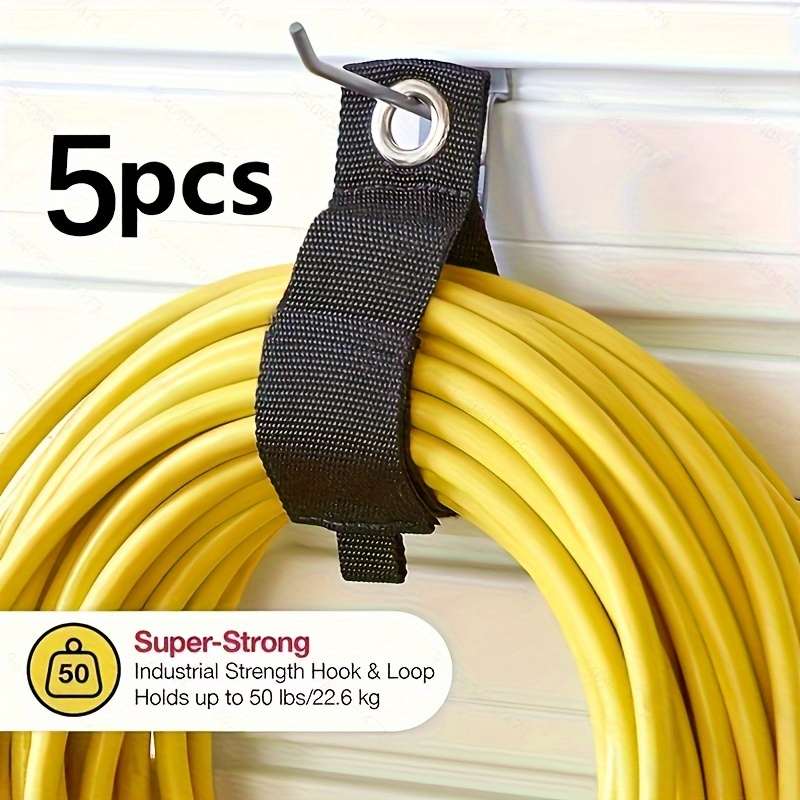 5pcs Heavy-duty Nylon Tool Straps, Black, Foldable Storage Hanging Bands With Hooks, 50 Lbs Capacity, Wall-mounted Equipment Organization For Garages, , And Storage Spaces, Tool Hangers For Garage