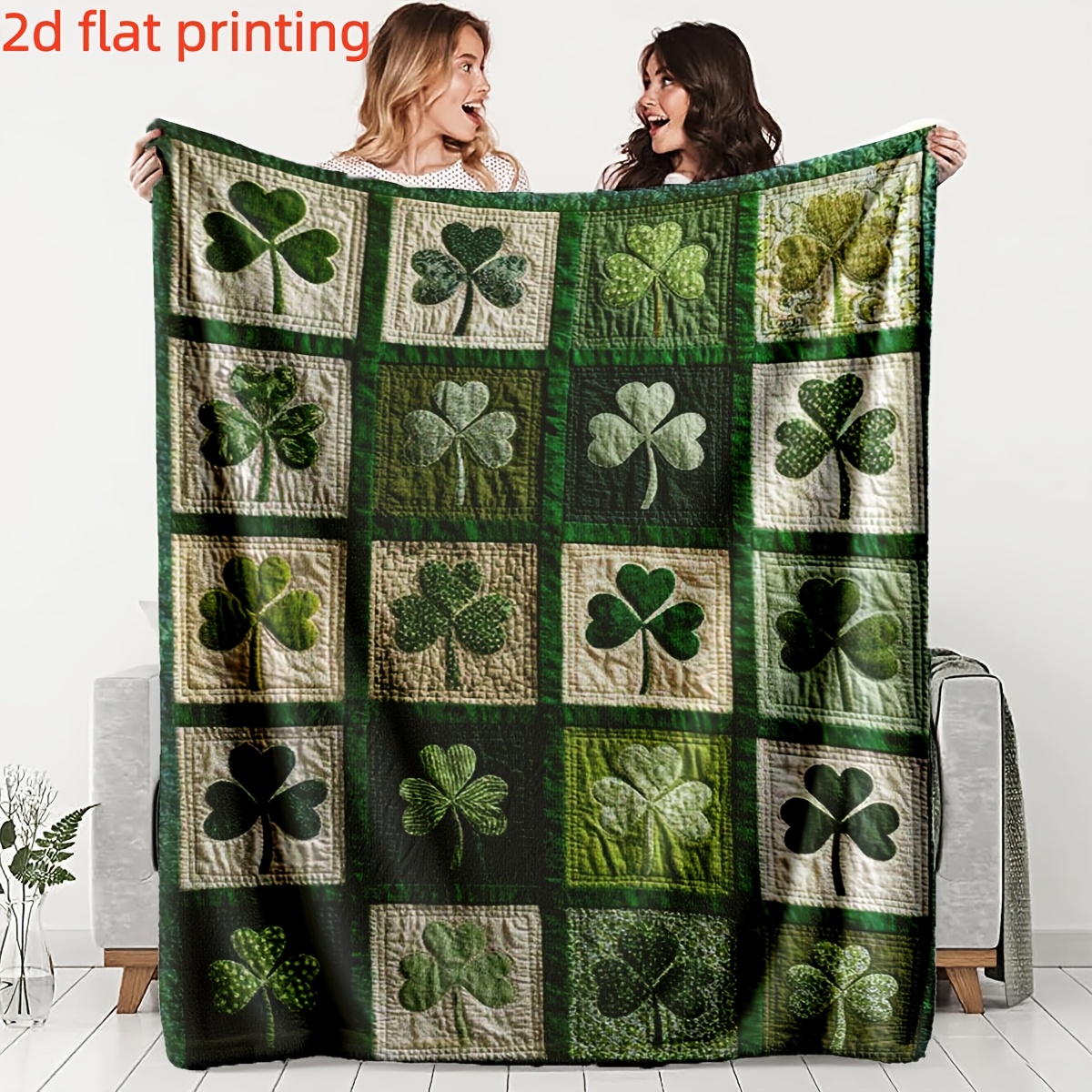TEMU 1pc Vintage 's Day Clover Flannel Blanket - Cozy And Soft, Green/white, Warm And Anti-pilling, Machine Washable, Plush Throw, Ideal For Napping,