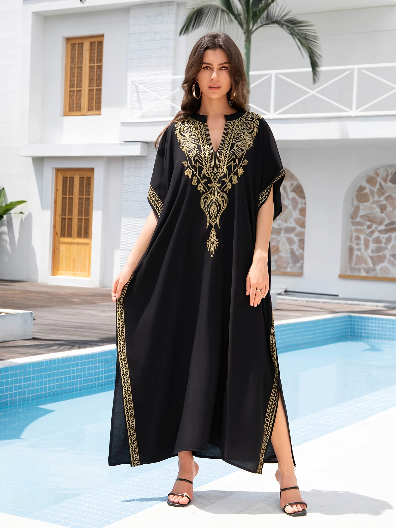 Plus Size Kaftan Dress For Women - Floral Beach Cover Up With Batwing Sleeves