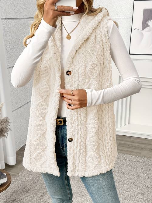 Women's Elegant Plush Sleeveless Hooded Jacket - All-Season Winter Coat with Collar & Button Front, Soft Warm Outerwear (No Bulk), Machine Washable Solid Color Vest for Blazer or Dress - Versatile Layering Piece