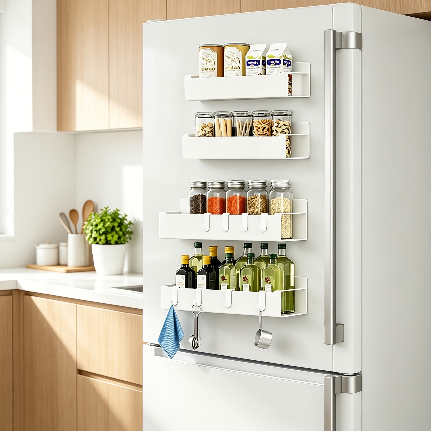 Image of 4pcs Magnetic Spice Rack With 8 Hooks, No-punch Refrigerator Side Storage Rack, Multi-functional Golden Metal Kitchen Storage Basket, Refrigerator Shelf For Kitchen Organization And Storage