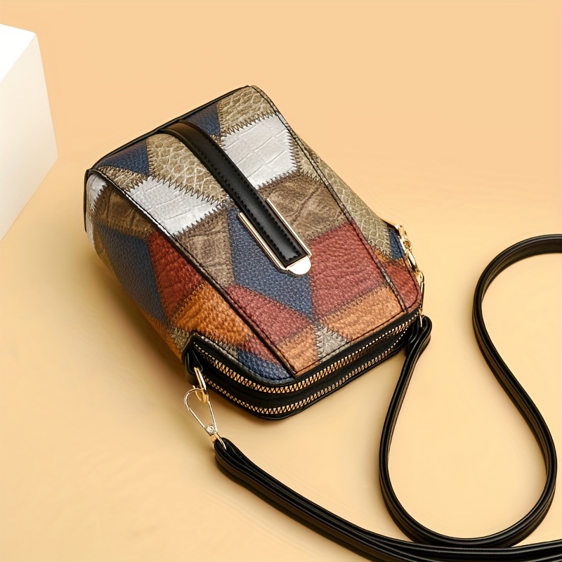 

-chic Mini Crossbody Phone Bag - Retro Patchwork With Snakeskin Pattern, Lightweight Leather, Detachable Strap, Zip Closure, Polyester Lined