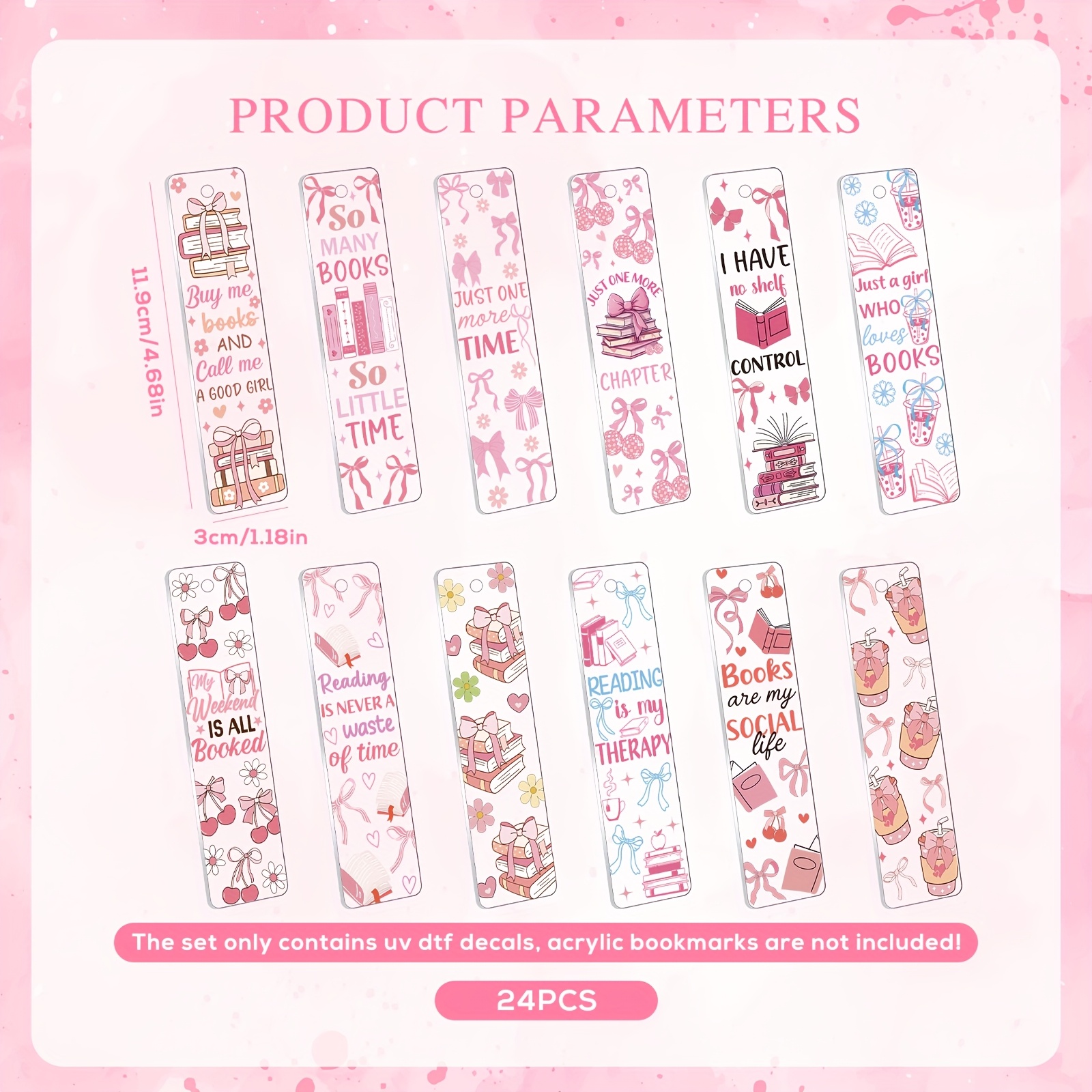 Image of Uv Dtf Bookmark Wraps - 24 Sheets Bow Cherry Uvdtf Decals For Acrylic Bookmark Blanks, Double-sided Printing Rub On Transfer Stickers, Flower Uv Stickers For Book Lover Diy Crafts