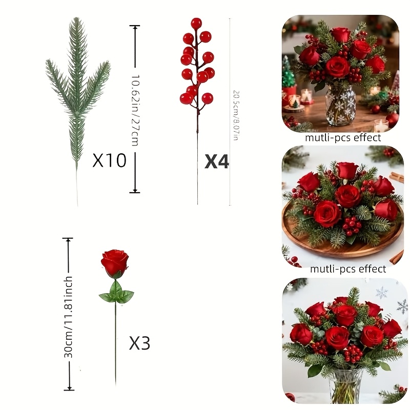 TEMU 17pcs Christmas Themed Artificial Flower Bouquet, Red Roses   Christmas Pine Branches   Red Berries Combination, No Vase Included,