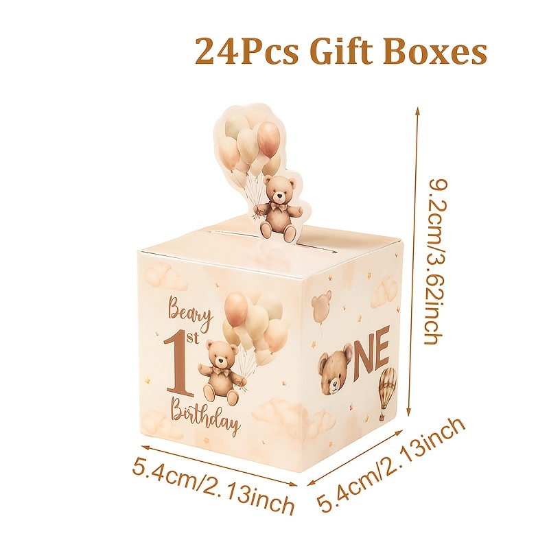 E-shop Geschenk für Sie/Ihn 24 Stück, Party Box Packs, 1. Geburtstag Papier Geschenkboxen, Braunes Teddybär Wolken Design 1. Geburtstag Quadratische