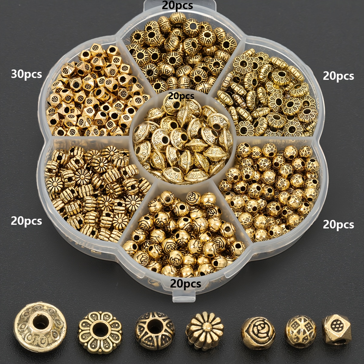 TEMU 150pcs/box Jewelry Making Parts Kit Rose Flower Shaped Spacer Beads 3d Texture Round Spacer Beads Alloy Flower Shaped Loose Beads Decorative