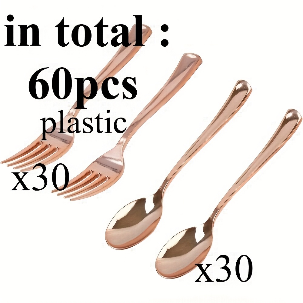 Image of A Set Of 60 Plastic Forks And Spoons Featuring Polished Golden Cutlery, Ideal For Tasting Appetizers And Desserts, In Rose Golden Color