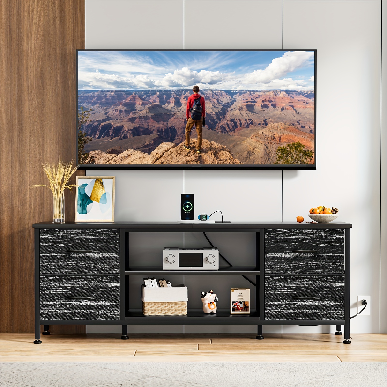 

Dresser Tv Stand, Entertainment Center Power Outlet With Fabric Drawers, Media Console Table With Metal Frame And Wood Top For To 60 Inch, Chest Of Drawers For Bedroom