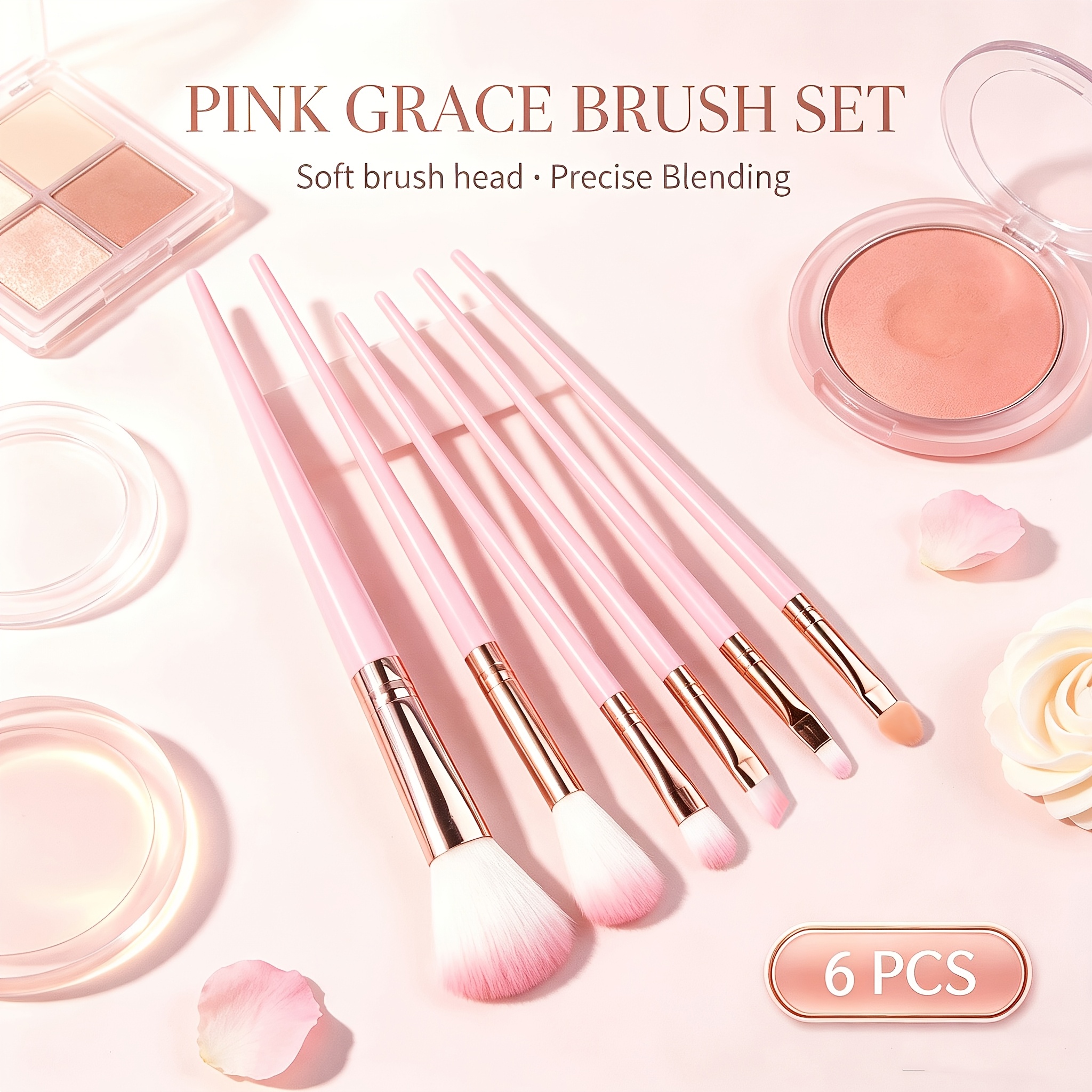 TEMU 6pcs Pink Makeup Brush Set,complete Kit For Blush, Eyeshadow, Concealer & Full Face Makeup