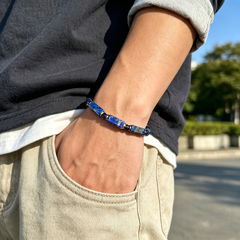 Men's Lapis Lazuli Beaded Bracelet, Minimalist Boho Style
