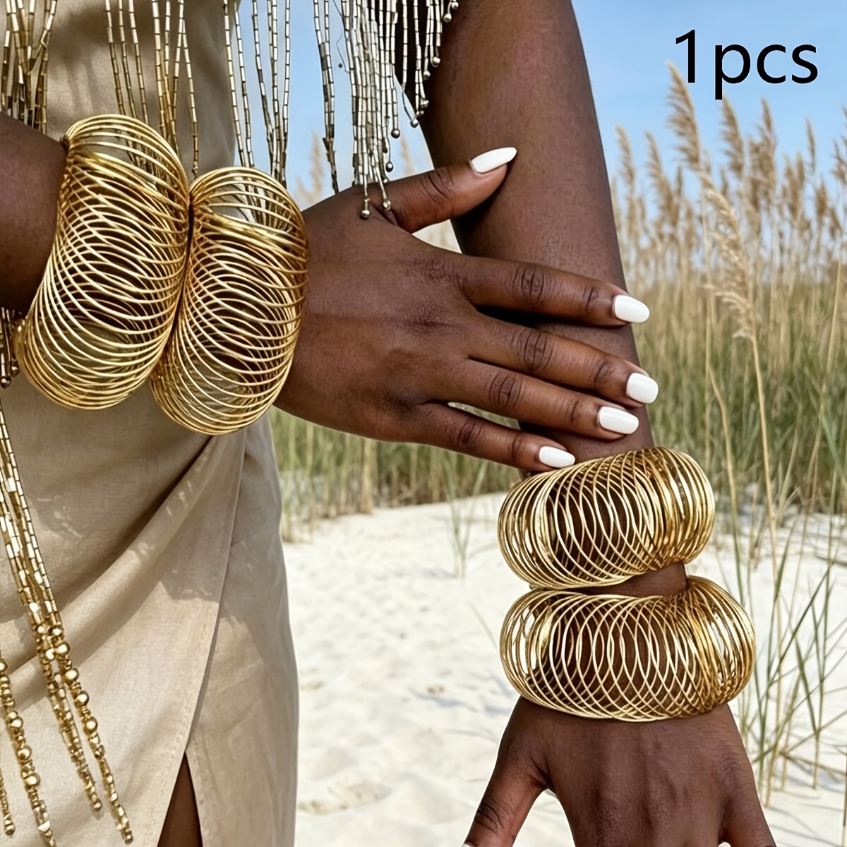 TEMU 1 Exaggerated Light Metal Wire Hollow Woven Bracelet Suitable For Summer Beach Vacation Parties, Gift Accessories, Perfect Gifts For