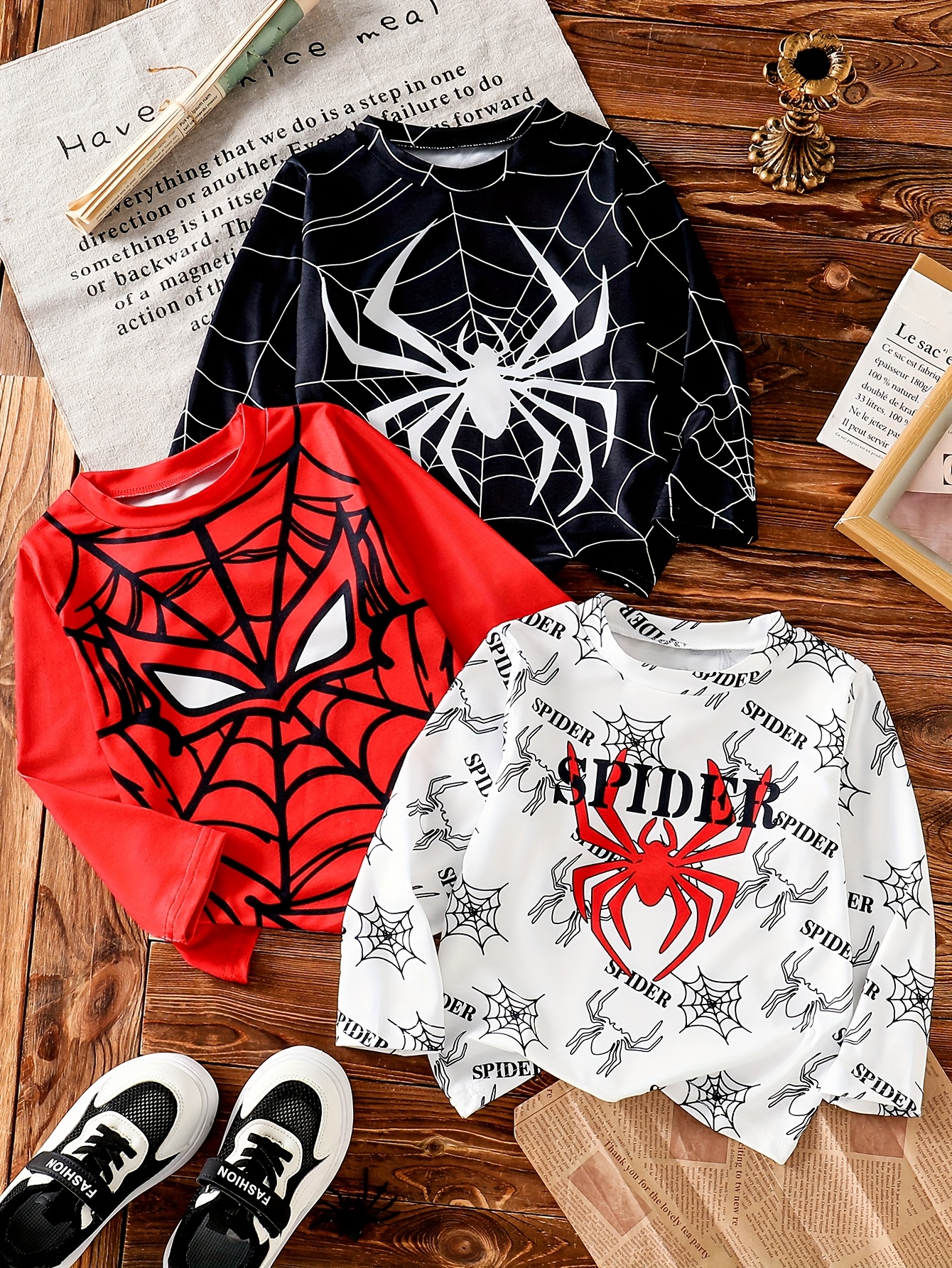 3pcs Boys Spider Graphic Long Sleeve T-Shirts - Black,   Spider Web Designs, Casual Crew Neck,   Spring/Fall Outdoor Play & School, Ideal Gift for Boys, Spider Clothes
