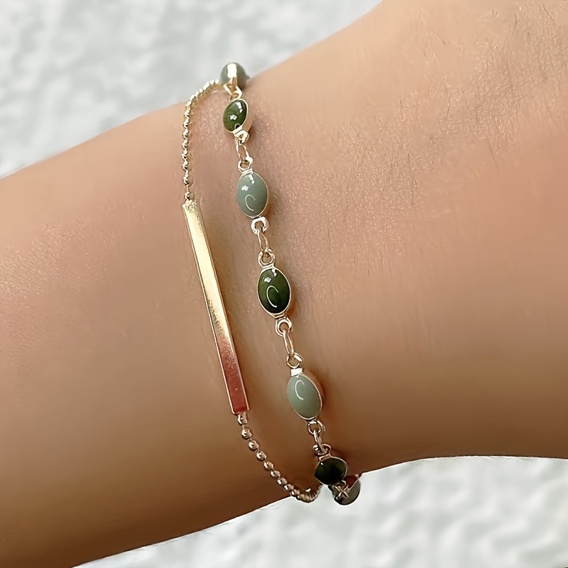 Image of 1pc Vintage Elegant Double-layer Green-gray Stone Inlaid Geometric Rectangular Bracelet, With A Copper Bead Chain, Suitable For Women' Gifting And Banquet Wear, A Creative Gift