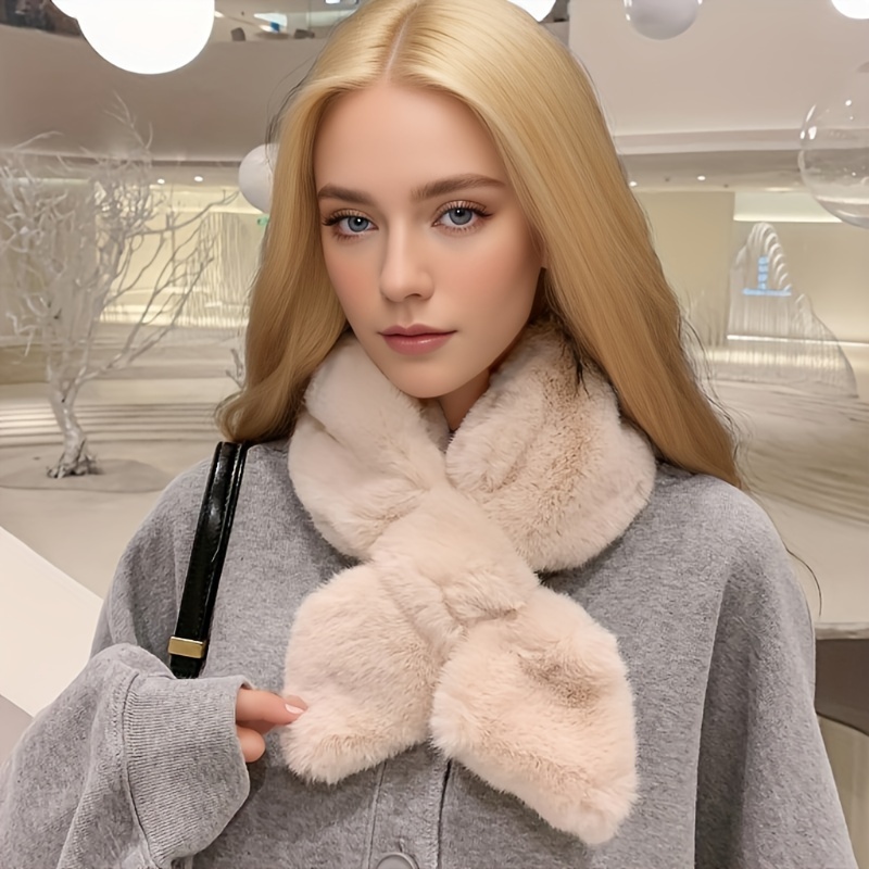 Elegant Fur Collar Scarf Plush Warm Windproof for Autumn Winter Soft Polyester Non Stretch Solid Color Cross Tie Rabbit Fur