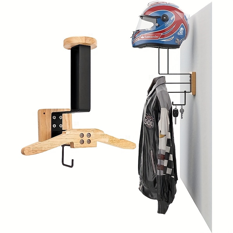 

1pc Solid Wood Motorcycle Helmet Wall Mount Hanger, Gear Organizer Rack For Hat And Clothes, With Wooden Helmet Hook Holder For Storage