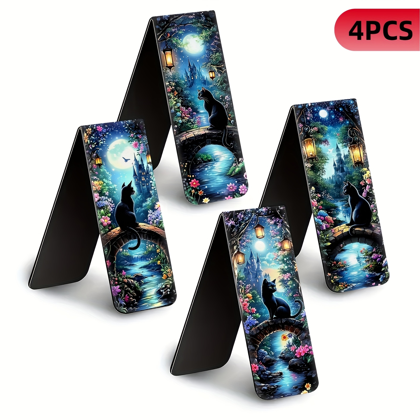 4pcs Magnetic Bookmarks | Waterproof Folded Page Markers | Fantasy Night Black Cat | Book Clips For Teachers Book Lovers | Great For Journals, Planners, Office Use Reading Accessories Gift Stationery