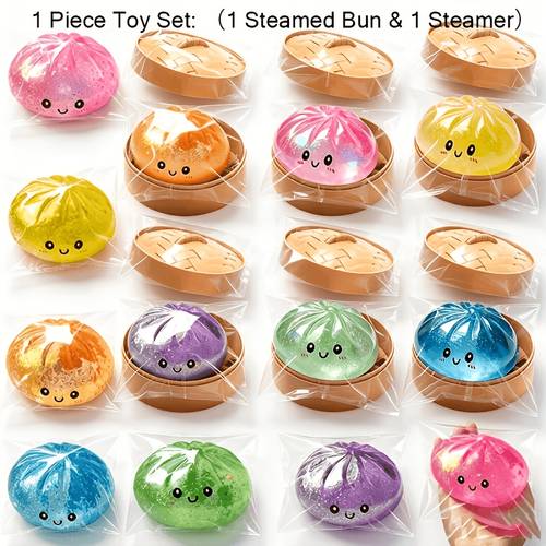 a large of bun toy set combination play toy set the popular stress relieving rebounding play toy for parties and birthdays award an party and birthday gift 3pcs per set 1 bun 2 steamer trays random color