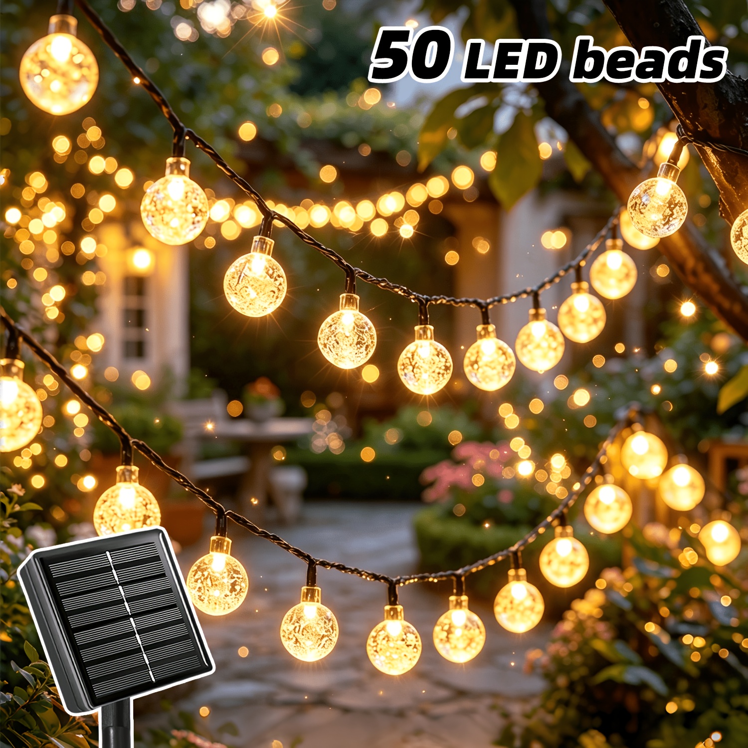 TEMU 1 Paquete de 100/50/20 Luces LED Solares de Bolas - 12.2/7.2/5.2M, 8 de Luzes de Colgantes para Exteriores, Equipadas con Panel Solar, Luces