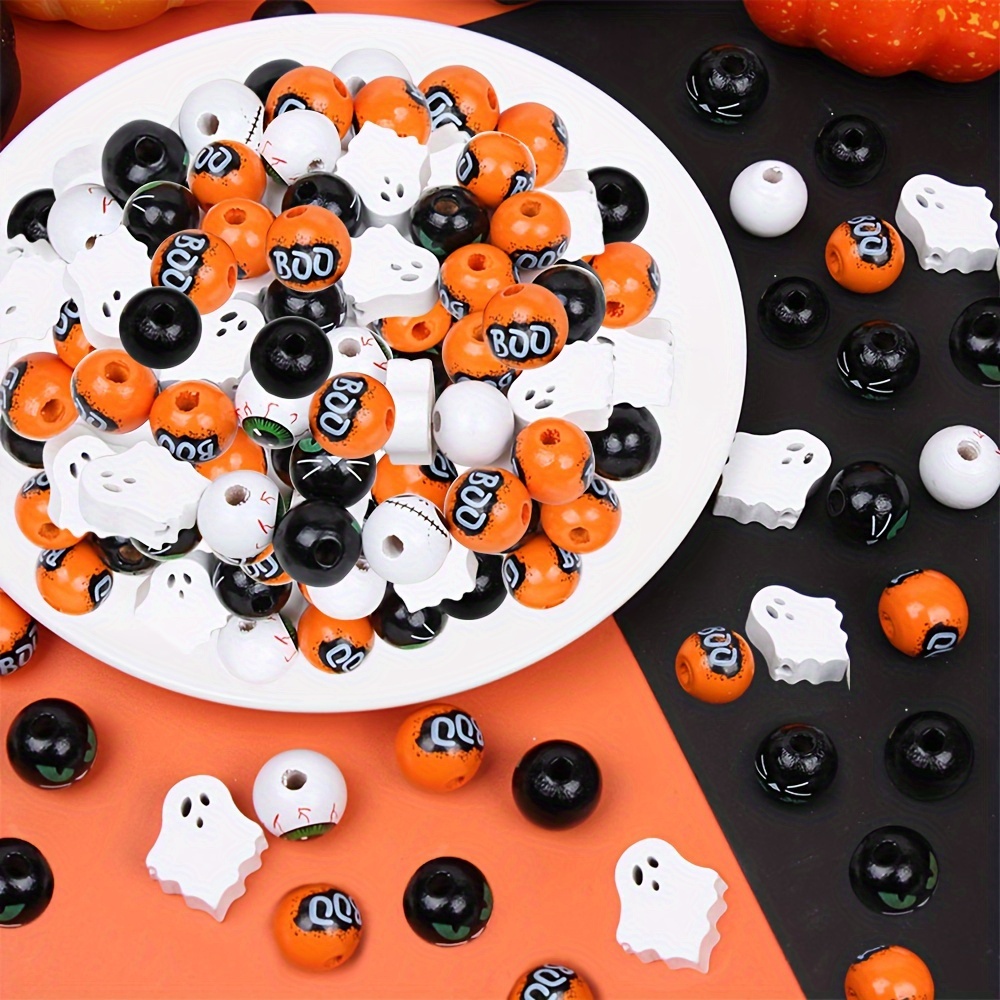

120pcs Halloween Wood Beads Boo Wood Beads Ghost Eye Ball Beads Diy Bead Charms Bracelet Necklace Making Accessories