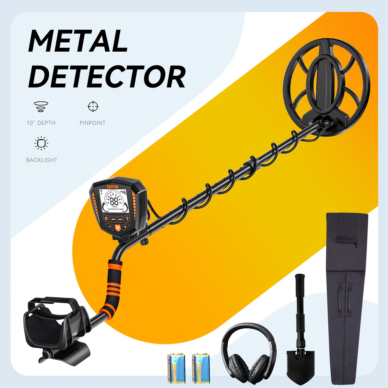 

Sunpow High Accuracy Metal Detector, 9-metal , 10" Detection, Battery Powered (non-rechargeable) - Includes Battery