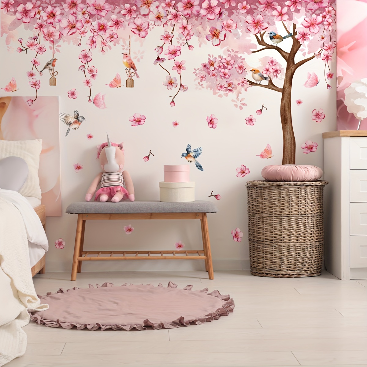 

A Set Of Floral, Bird And Tree Wall Stickers For Bedroom, Living Room And Dining Room Background Wall Decoration, Self-adhesive Ms7138-yc