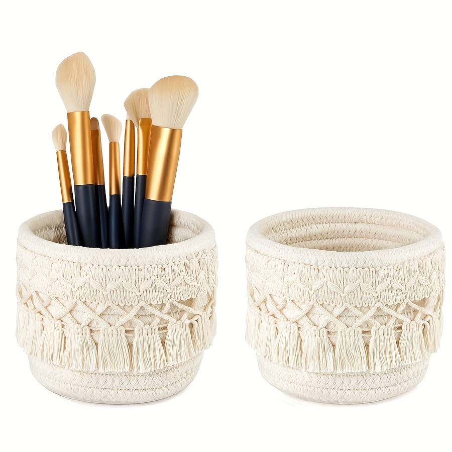 TEMU 2pcs Small Makeup Perfume Holder Organizer, Makeup Brush Holder, Macrame Decorative Woven Rope Basket, Boho Desk Storage Baskets, Boho Decor