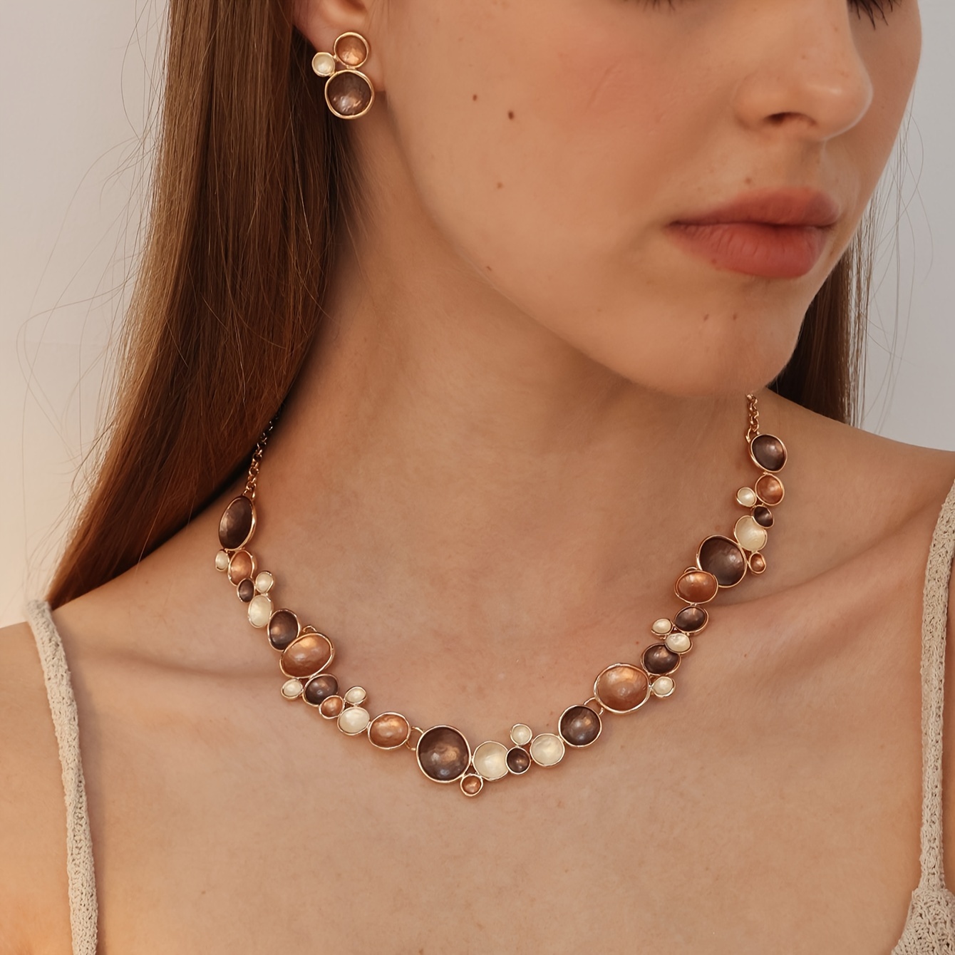 

Vintage Style Jewelry Set For Women, Geometric Round Beads Necklace And Earrings, Khaki Color Accessories For Autumn/winter
