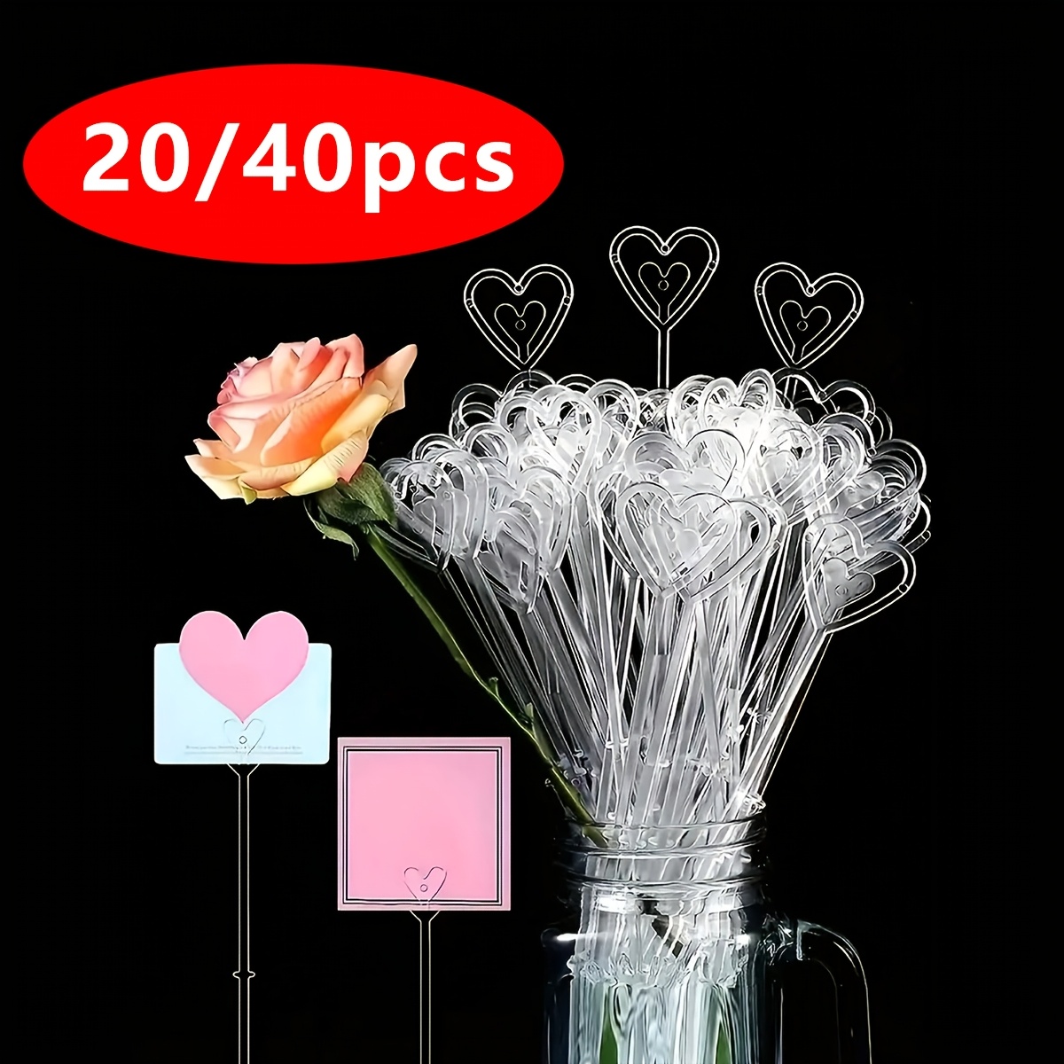 

40/ Pack Transparent Heart-shaped Plastic Flower Card Holders, Floral Arrangement Sticks For Bouquet Craft, Wedding Party, Birthday Packaging, Floral Decorations, Valentine's & Day Gift Decor