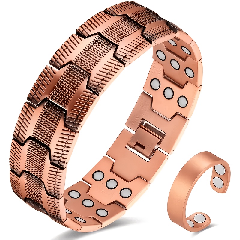 TEMU 2pcs Men's Copper Magnetic Bracelet And Ring Set, Including Adjustable Size Tool