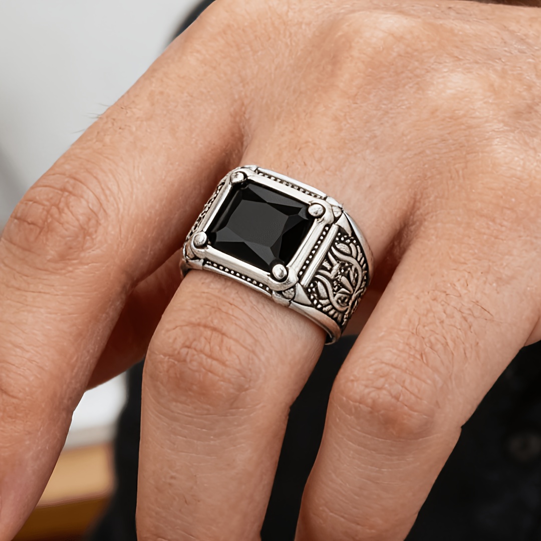TEMU Fashionable And Creative Antique Design Men's Open-end Ring, Adjustable Size, Copper Inlaid With Black Synthetic Cubic Zirconiaia, Men's Ring,