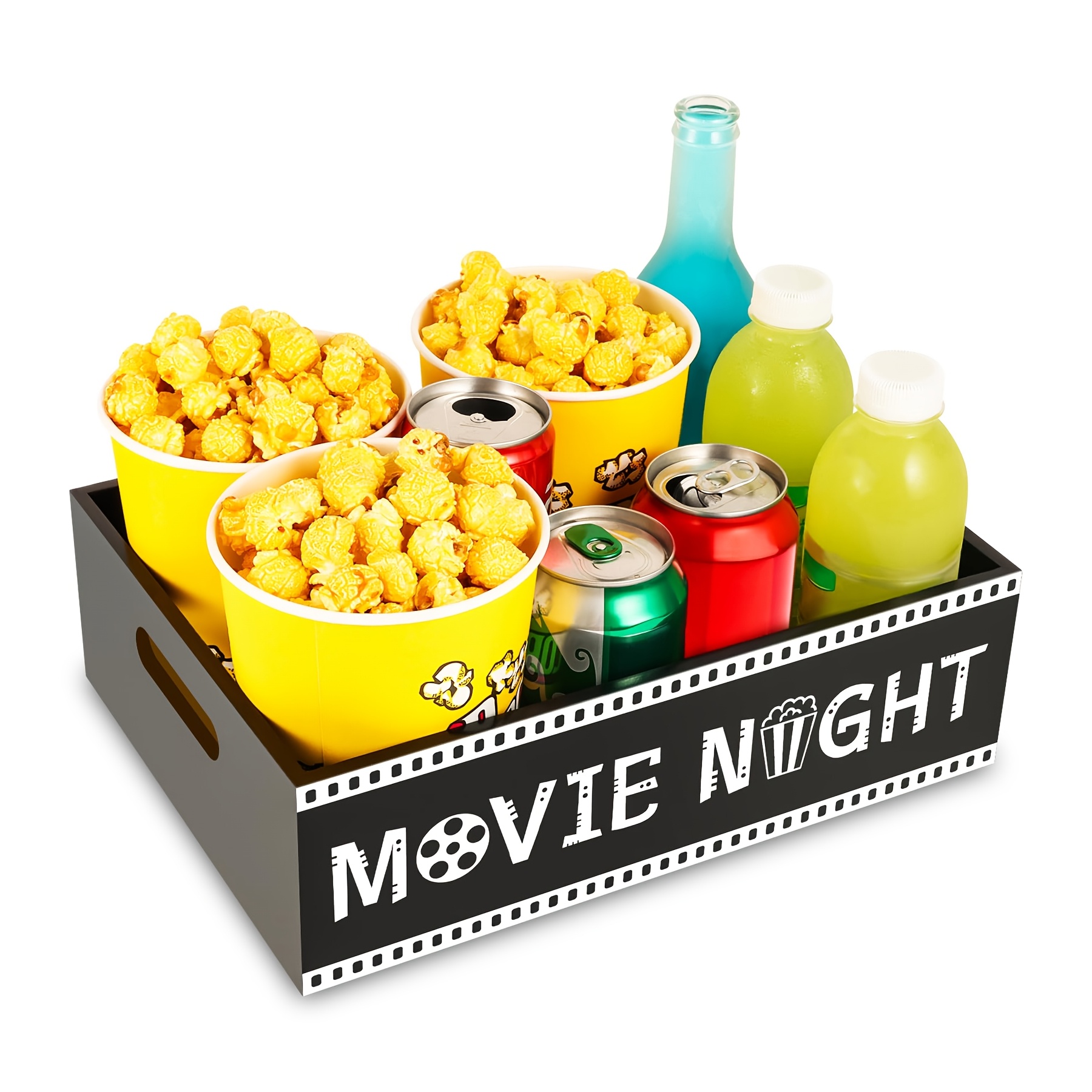 

1pc Wooden Movie Night Tray With Handles - Multipurpose Rectangle Snack Popcorn Organizer Box, Non-waterproof, Ideal For Night Party Supplies, No Electricity Needed, Storage Boxes For Organizing