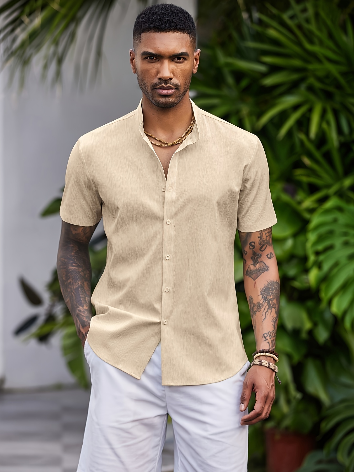 Mens Shirts Beige Short Sleeve Button Up SJ Men's Short Sleeve