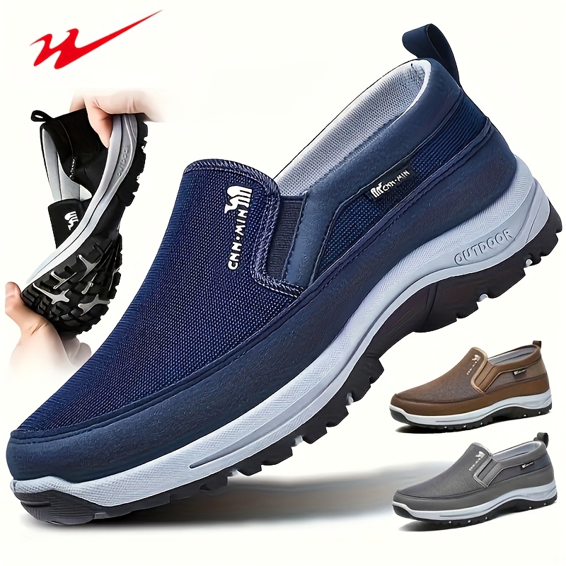 mens solid color slip on walking shoes  able and durable suitable for outdoor activities breathable fabric stylish design slip on   ideal for daily use