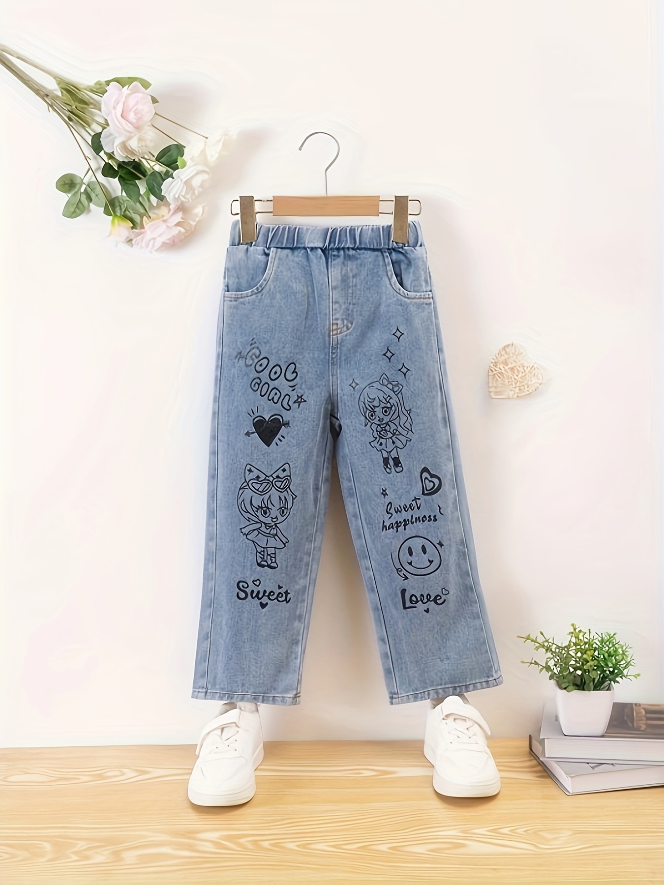 Sweet Girls Cartoon Graffiti Pattern Baggy Straight Blue Denim Pants