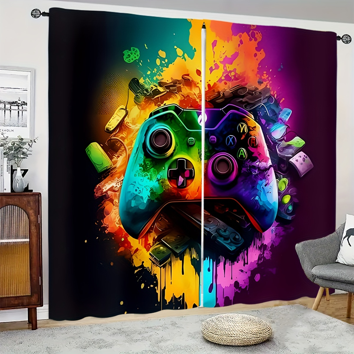 

2pcs Set Gradient Graffiti Game Console Print Curtains - Design, Pattern For Living Room, Bedroom, Kitchen & Home Decor